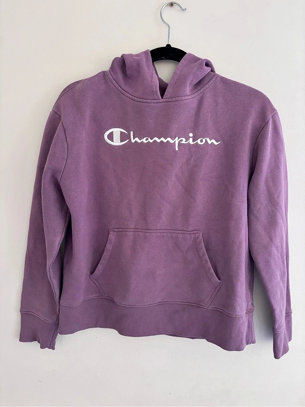 Champion Script Logo Fleece Pullover Hoodie Purple Small